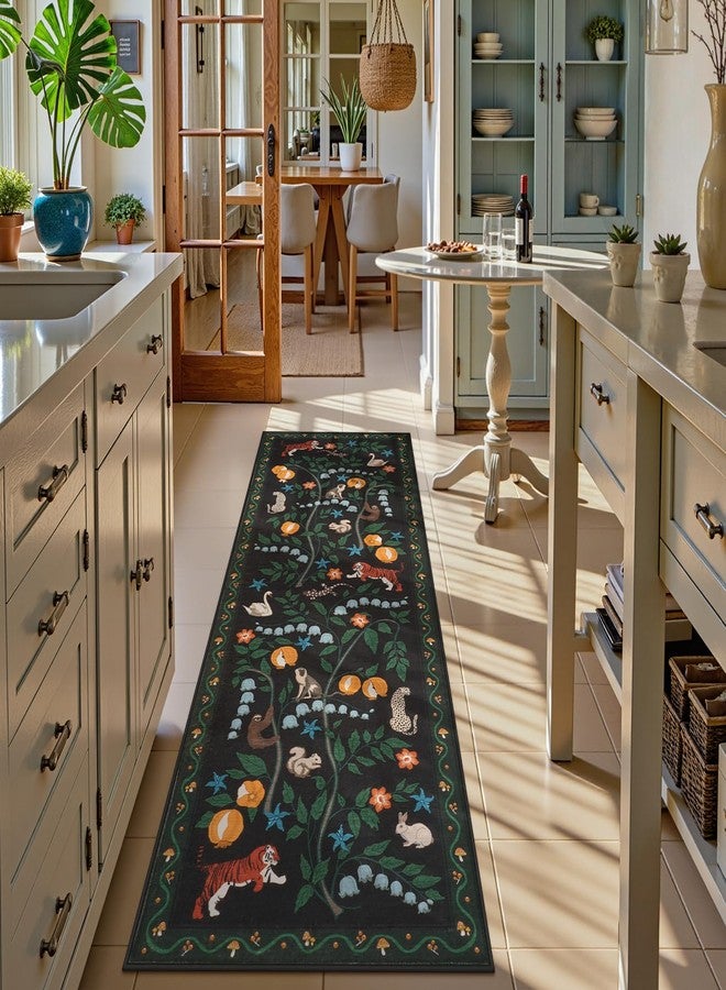 Collive سجاد ممرات كوليف، سجاد مطبخ بنقشة حيوانات الغابة مقاس 2×6، سجاد حمام مانع للانزلاق وقابل للغسل، سجاد أسود ناعم ورقيق للغاية مقاوم للبقع، سجاد داخلي للمداخل وغرف النوم - Image 2